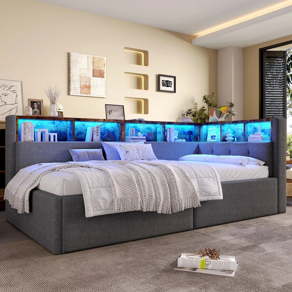 Letto Singolo Contenitore con LED ¨C MINIMAL ¨C Tessuto Grigio 90x200 Idraulico