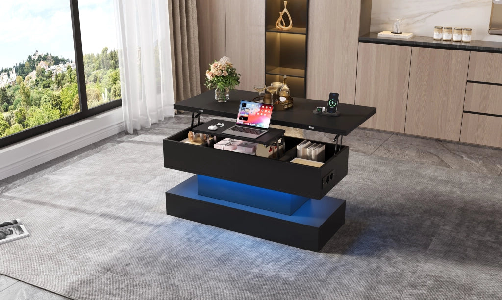 Tavolino da Salotto Sollevabile Nero con Prese USB e LED 100x50x51.5cm