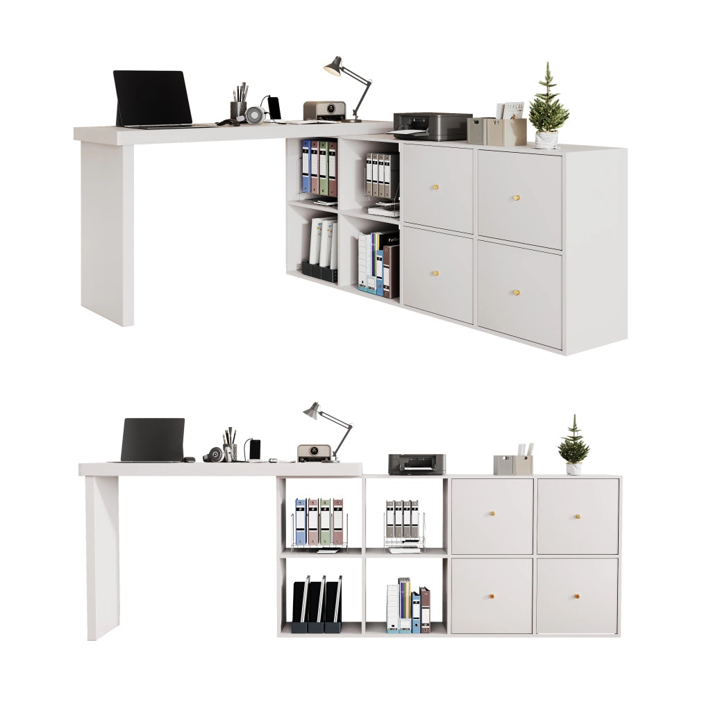 Scrivania angolare girevole sicura con 4 cassetti e 4 vani, piano a 360° per studio e home office, MDF bianco