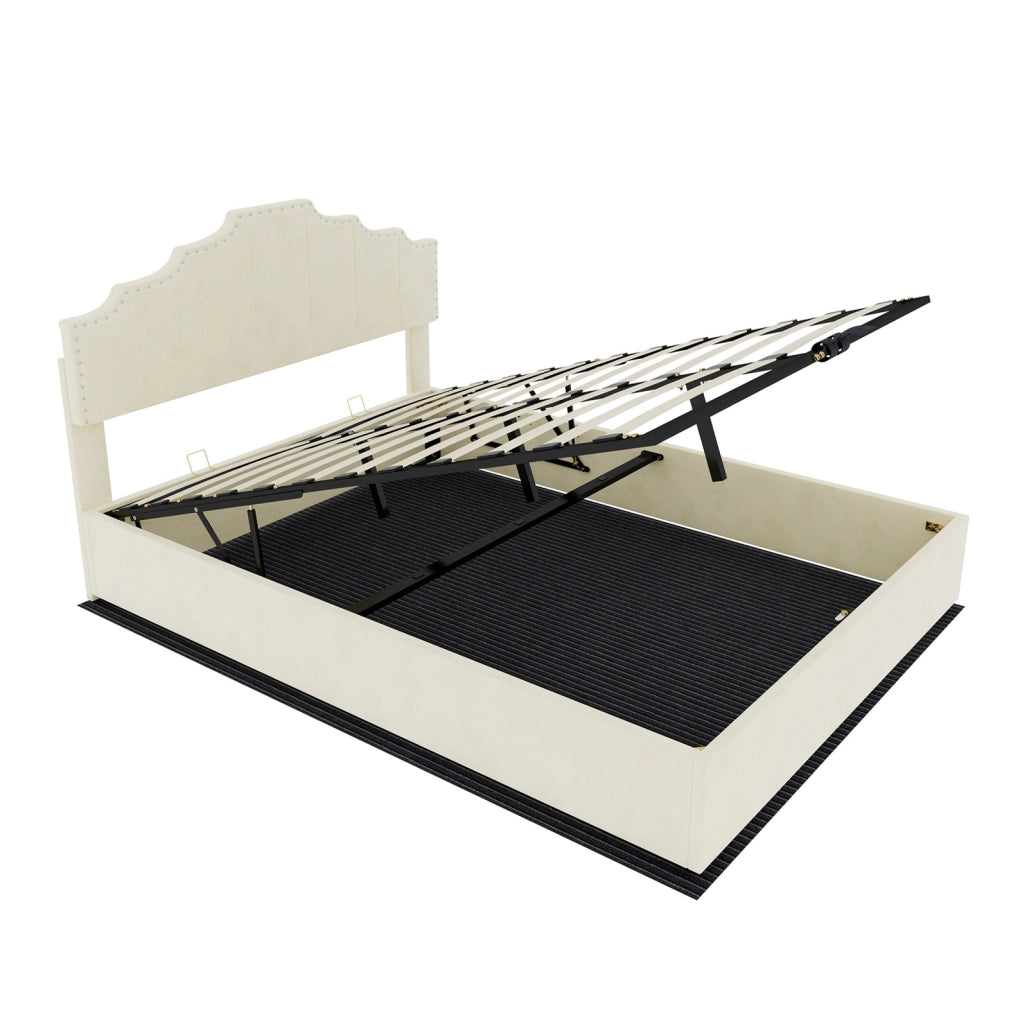 Letto matrimoniale imbottito ULEVR 160x200 cm con materasso incluso, testiera geometrica beige