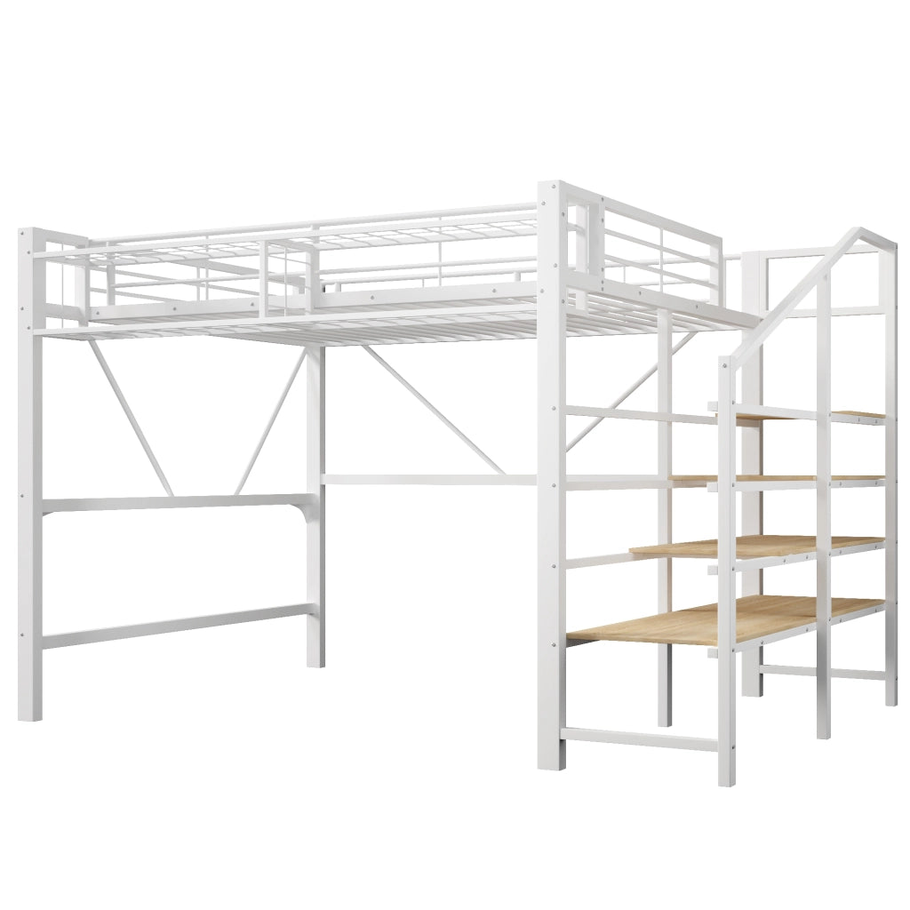 Hochbett 140x200 cm in metallo e MDF, con scala a ripiani, rete a griglia, contenitore e LED, bianco
