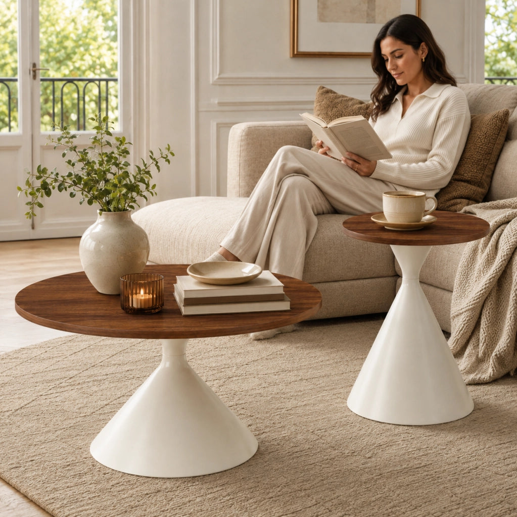 Set di 2 tavoli rotondi, Ø70xH40 cm e Ø50xH50 cm, piano noce caldo e struttura in acciaio color crema per soggiorno e zona notte