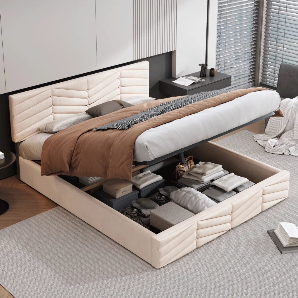 Letto imbottito 140x200 cm in velluto beige con rete a doghe e testiera regolabile