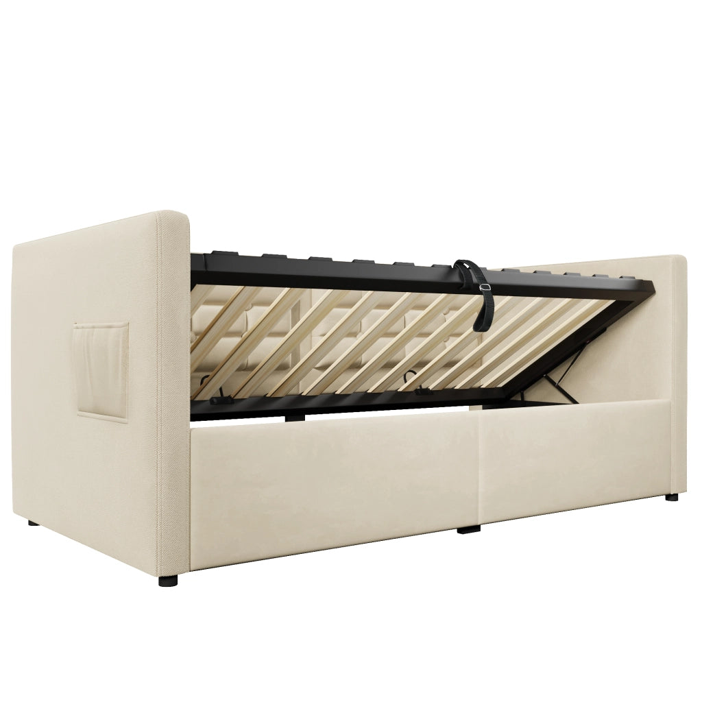 Letto divano singolo 90 × 200 cm con contenitore idraulico, USB e porta tipo C, senza materasso, velluto beige
