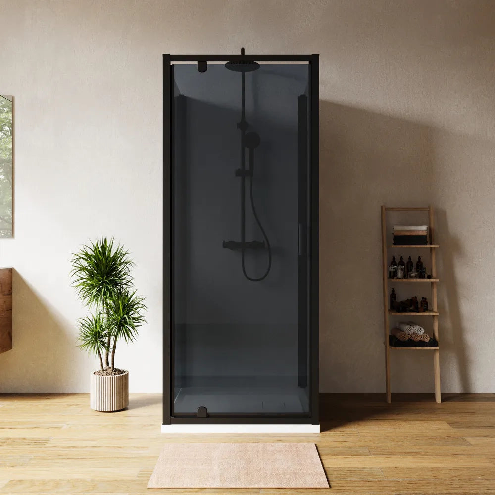 Box doccia tre lati 80x80x80cm con porta battente profili nero opaco e vetro 6mm fumè h185 | Madagascar