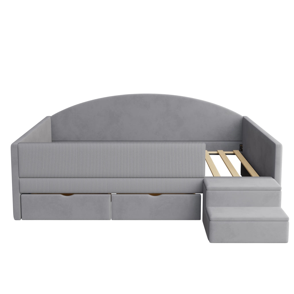 Letto per bambini 90 × 190 cm con 2 cassetti; barriere e gradini; senza materasso; imbottito grigio chiaro