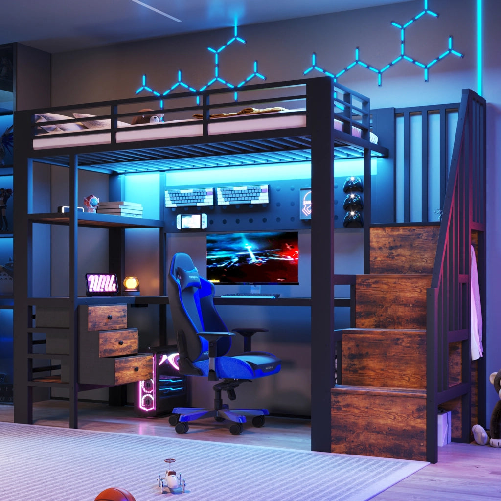 Letto a soppalco 90 × 200 cm con scrivania cassetti scala contenitore LED dimmerabile presa integrata metallo nero