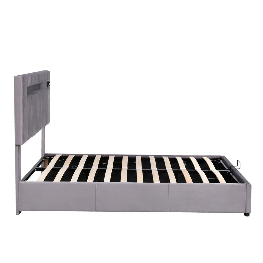 Letto imbottito grigio con LED, lettore Bluetooth, USB e contenitore idraulico