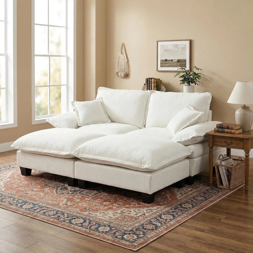 Divano Angolare Modulare con 2 Ottomane e Cuscini ¨C MINIMAL ¨C Chenille Beige