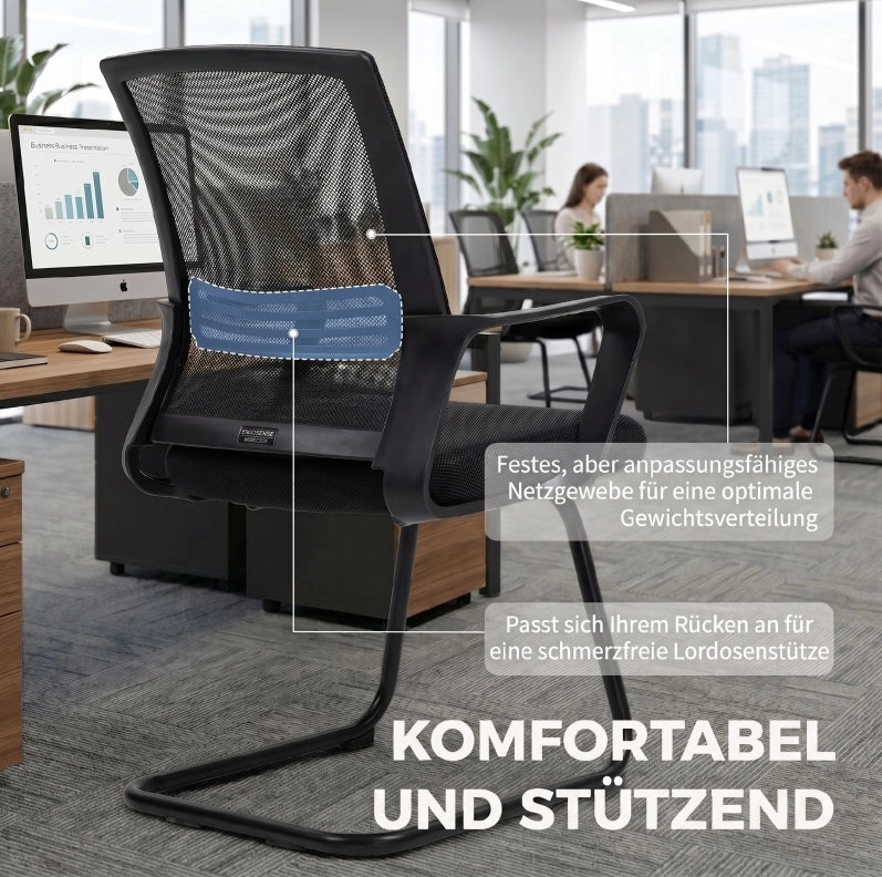 Set di 2 sedie da scrivania ergonomiche senza ruote con struttura a slitta, imbottite, nere, per ufficio e sale d’attesa