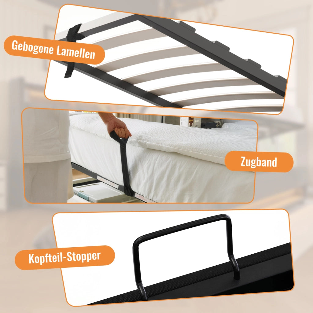 Letto singolo 90 × 200 cm con contenitore; 3 USB; ricarica tipo C e portabicchiere; senza materasso