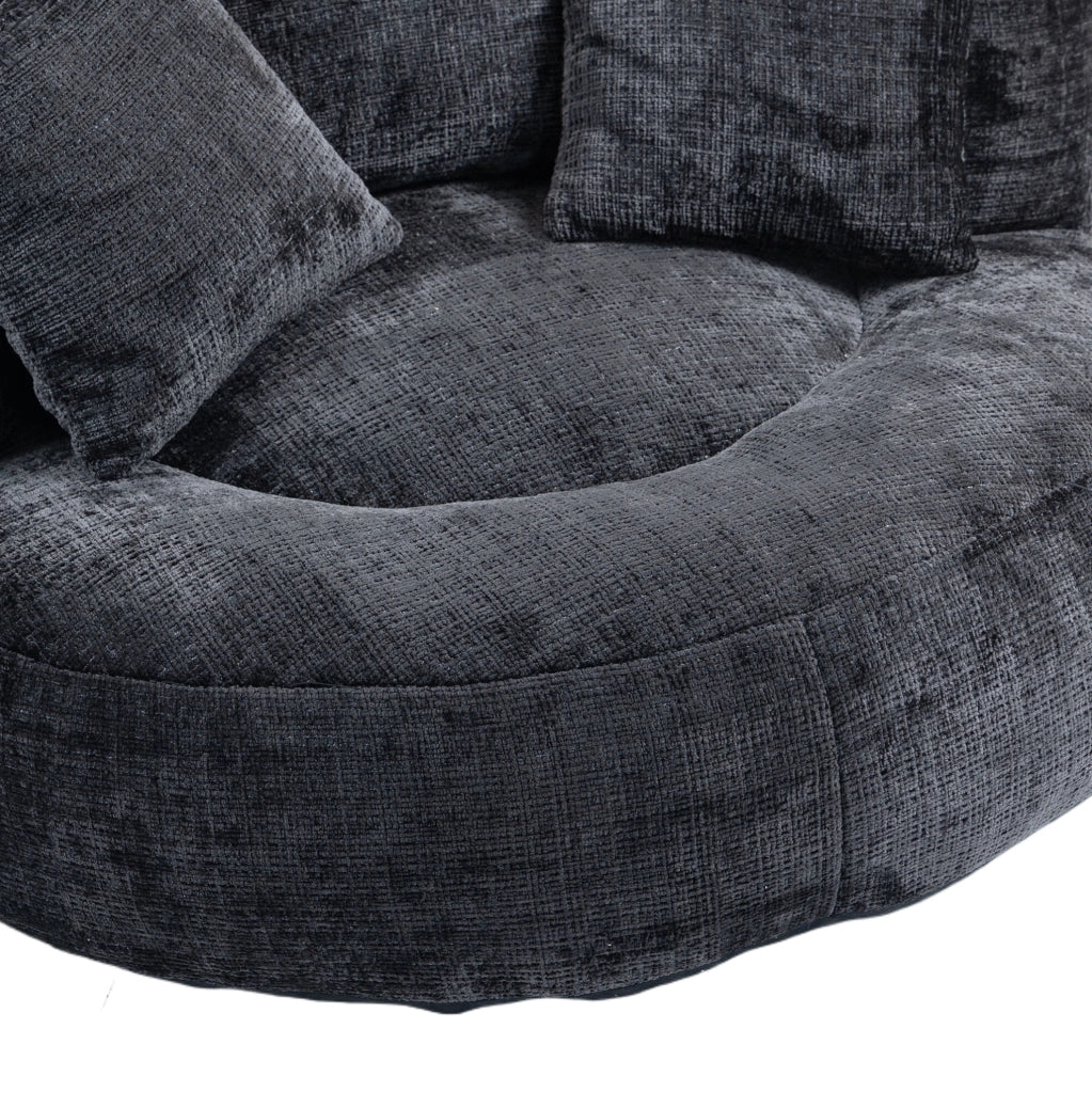 Poltrona sacco singola in ciniglia nera con schienale alto e braccioli; 108 × 108 × 52 cm