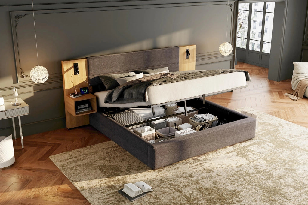 DESMIU Letto contenitore 160 × 200 cm 2 posti con vano idraulico, USB-A, USB-C e illuminazione, senza materasso, velluto grigio e naturale