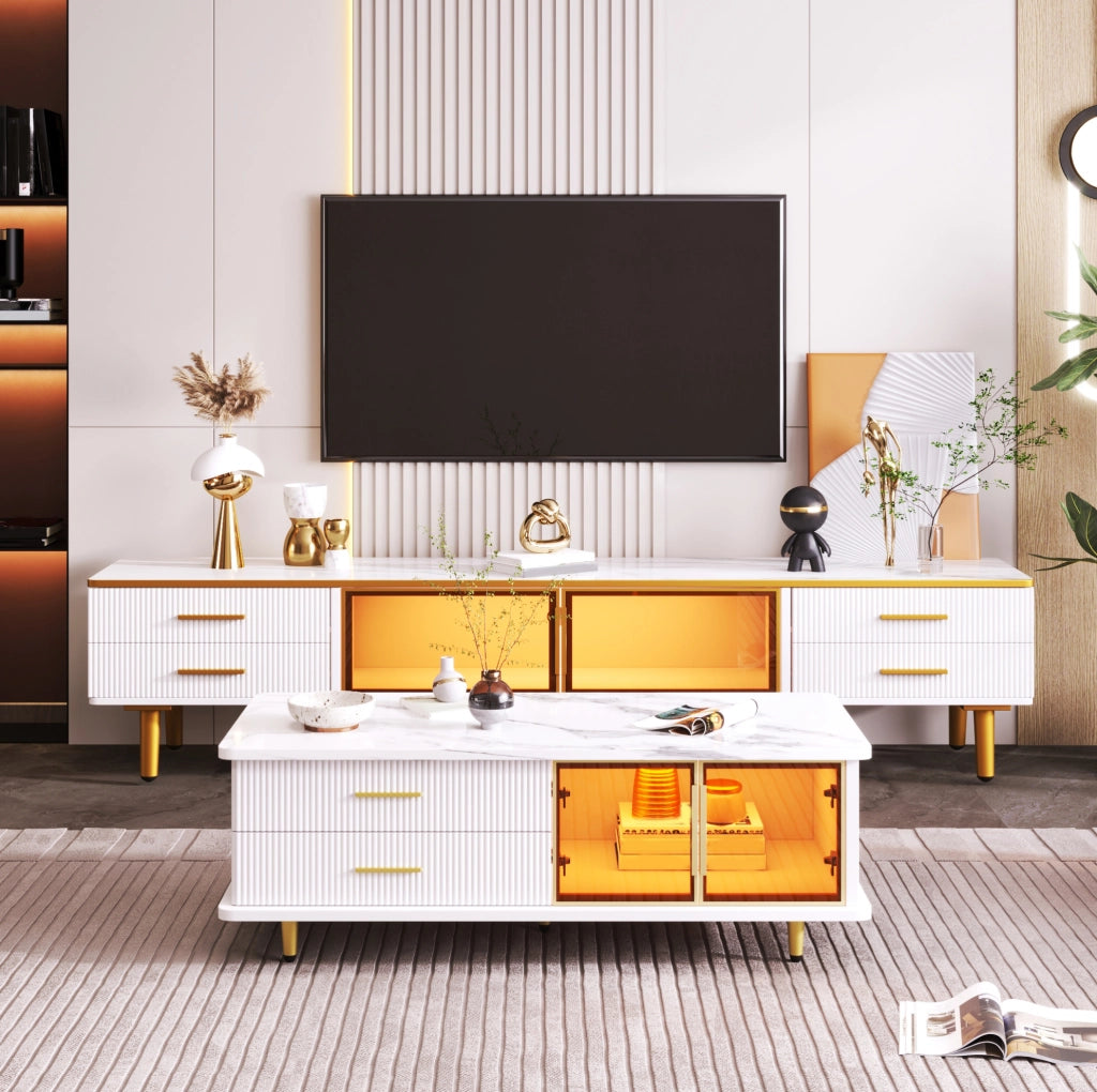Tavolino da salotto con LED 100x50x40 cm; 2 cassetti e 2 ante in truciolare bianco e vetro temperato