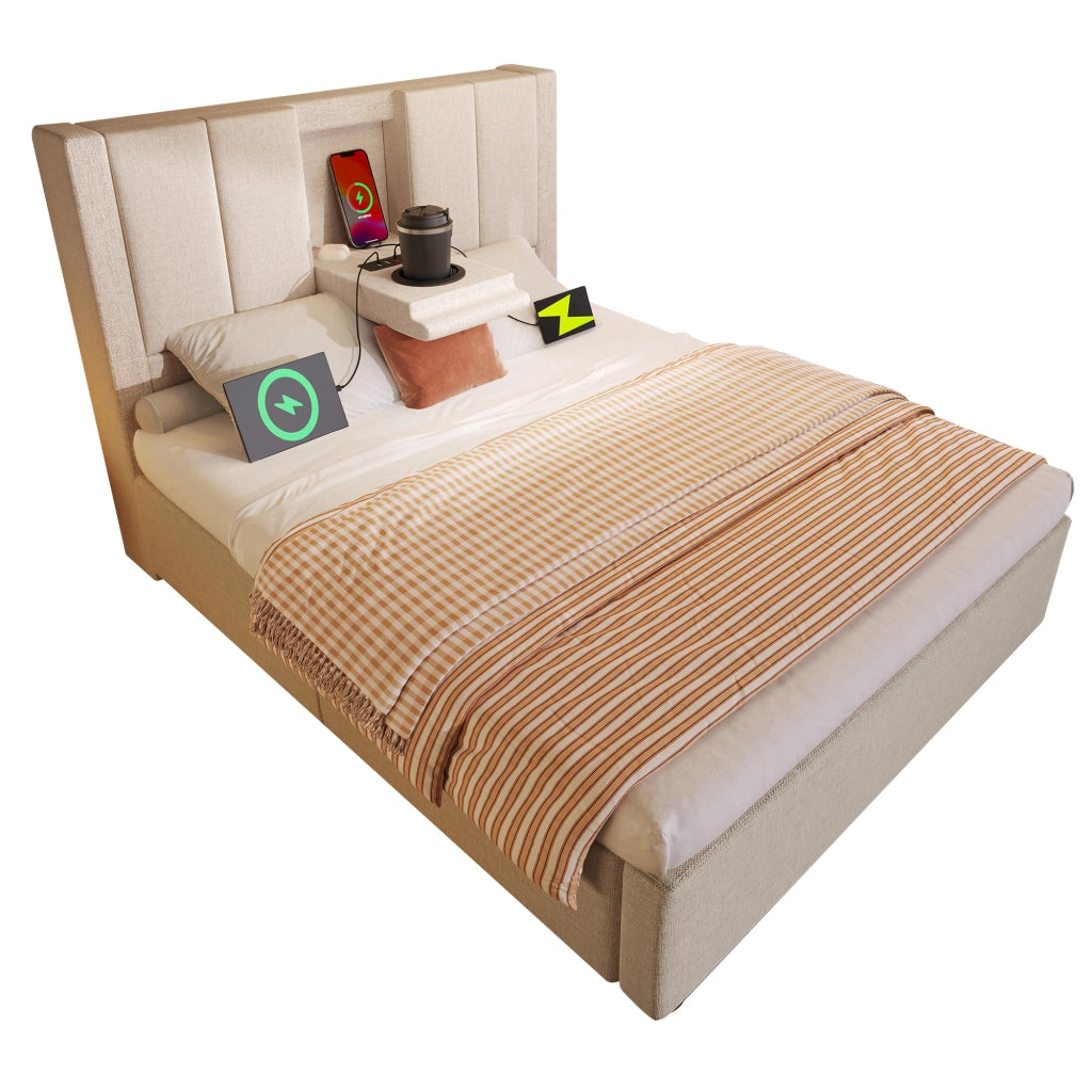 Letto singolo 90 × 200 cm con contenitore; 3 USB; ricarica tipo C e portabicchiere; senza materasso