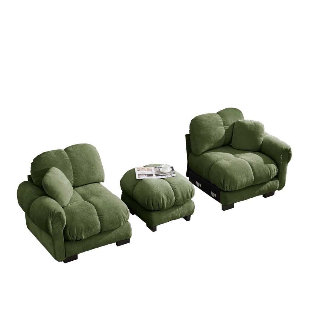 Divano angolare modulare 2 posti in chenille verde con pouf mobile e cuscini spessi