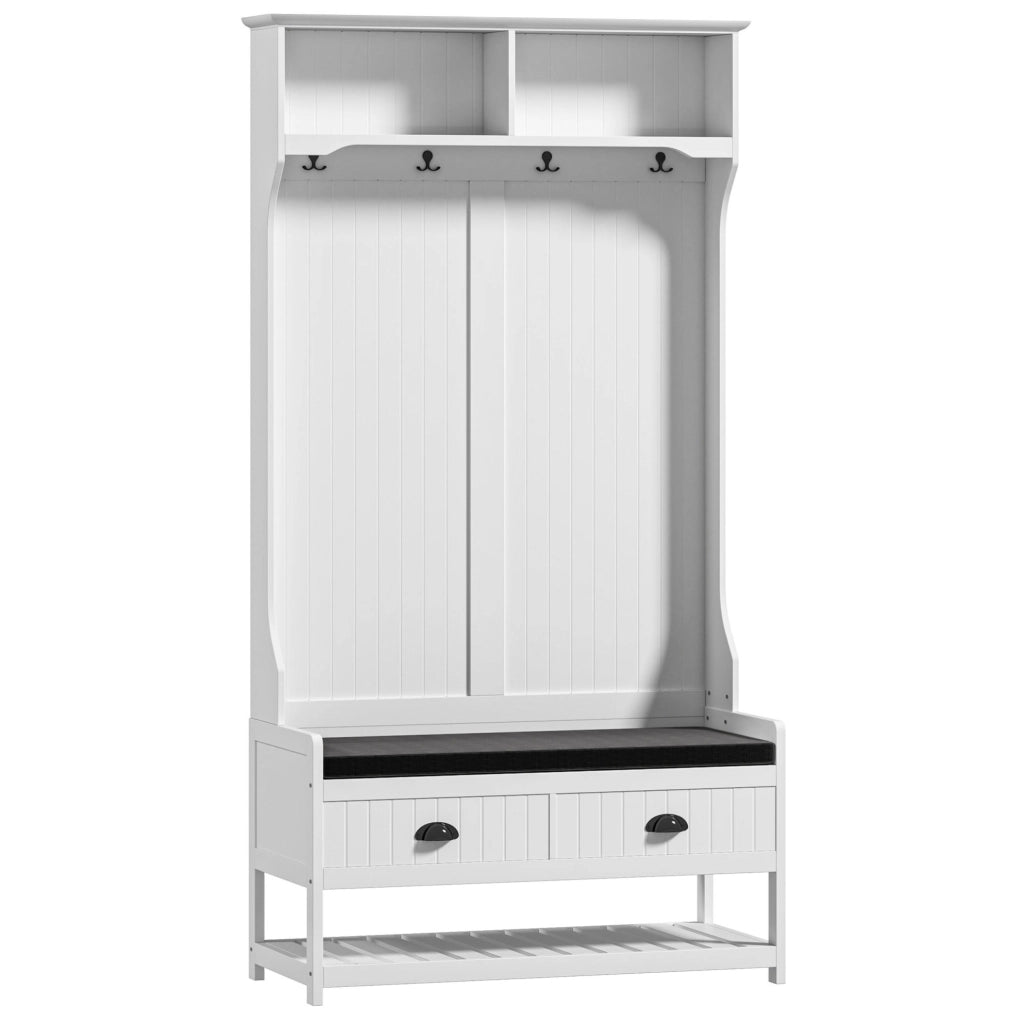 Appendiabiti ULEVR 89x42x172 cm con panca imbottita, cassetti e ripiani per scarpe, in MDF bianco