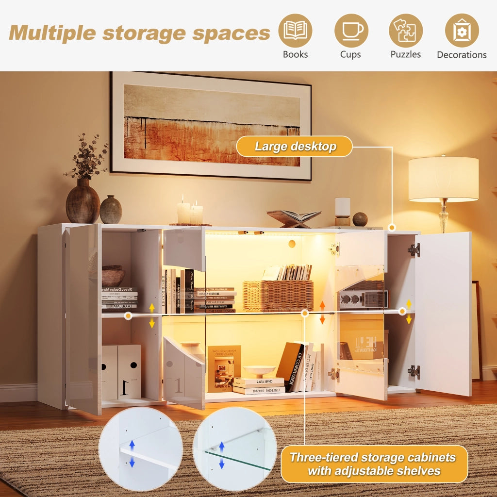Credenza bianca lucida con illuminazione LED; 160 x 35 x 70 cm; quattro ante; MDF e vetro di sicurezza
