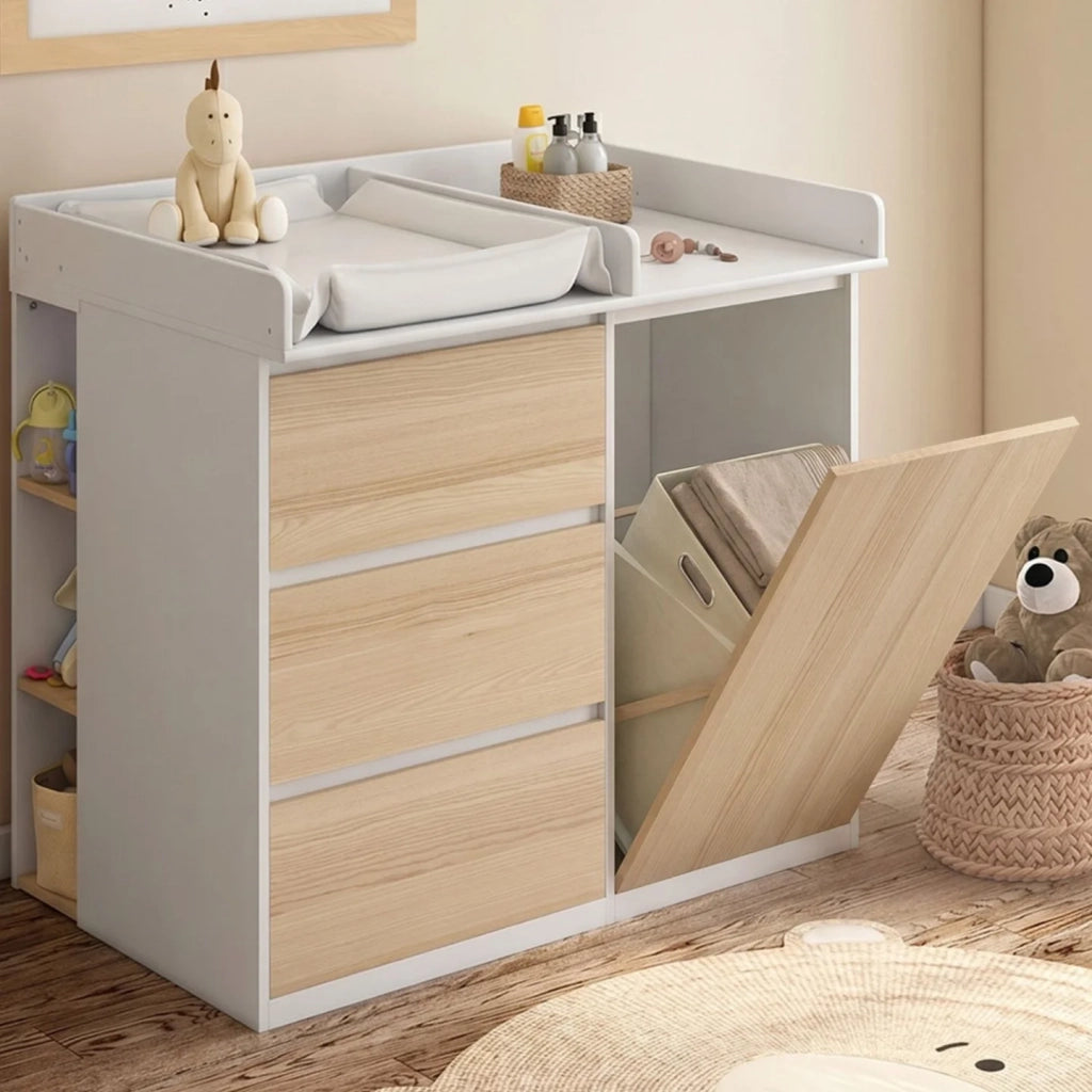 IDMarket - Comodino fasciatoio evolutivo AMBRE in finitura faggio e bianco, con 3 cassetti, 1 cesto per la biancheria, fasciatoio e 2 ripia