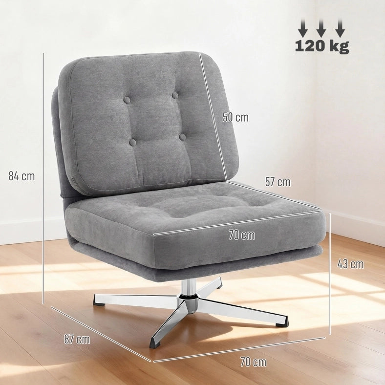 Poltrona Girevole con Rivestimento in Chenille, Seduta Larga 70 cm e Gambe in Metallo, Grigio Chiaro