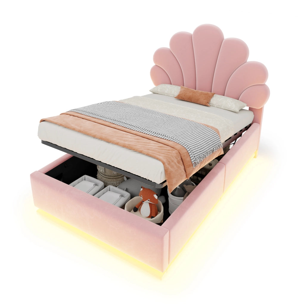 Letto imbottito 90 × 200 cm con contenitore idraulico e LED; velluto rosa