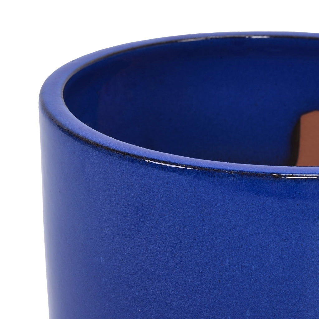 Vaso per piante in ceramica blu-verde con finitura lucida e foro di drenaggio; resistente al gelo e alle intemperie