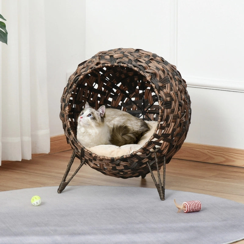 Cuccia per gatti rialzata in rattan PE marrone con cuscino in velluto, struttura in metallo, per interni