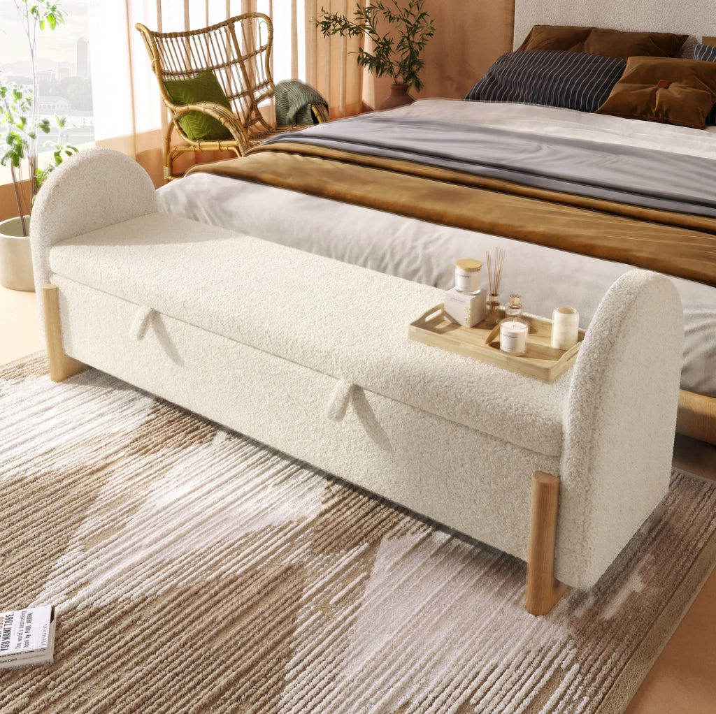 Panca contenitore con spazio idraulico 166x47x61 cm in tessuto bouclé bianco con gambe ad U in legno di gomma