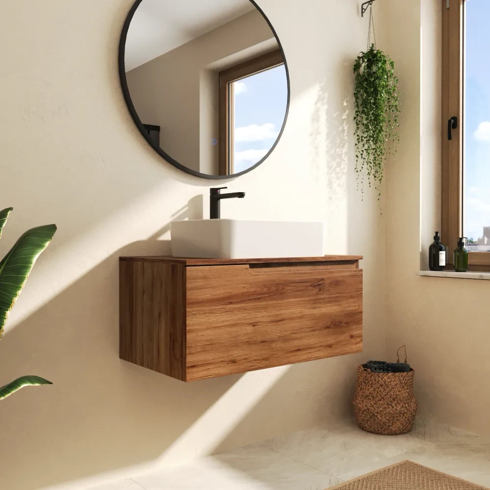 Mobile bagno sospeso 80 cm un cassetto rovere scuro con top | Berg