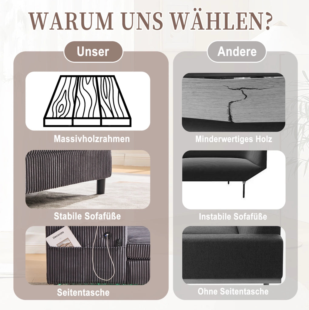 Poltrona Relax Oversize in Velluto con Luci LED, Porta USB e Portabevande, 142x128x85 cm, Carico 350 kg