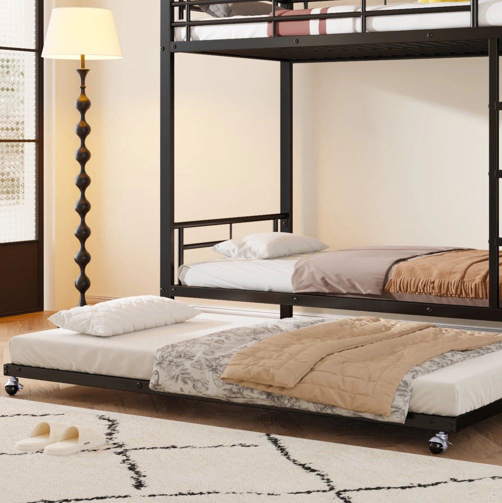 Letto a castello in metallo con letto estraibile; 90x200 cm e 90x190 cm; nero
