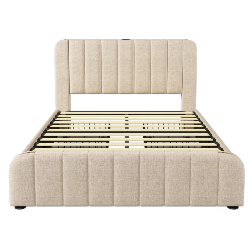Letto matrimoniale 160x200 cm beige in lino con 4 cassetti; USB/Type-C e materasso H3