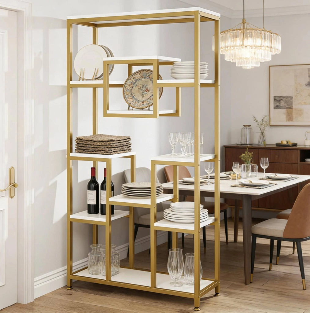 Libreria a Giorno Dorata con Design Geometrico a Cubo, 11 Ripiani, Mobile Espositivo per Libri e Piante