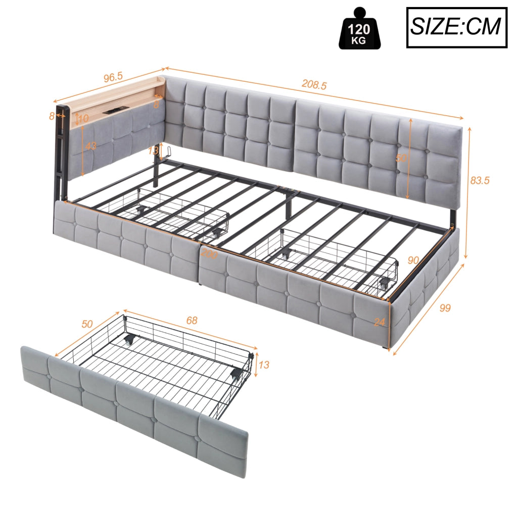 Divano letto 90x200 cm con 2 cassetti, LED, USB e USB-C in velluto grigio