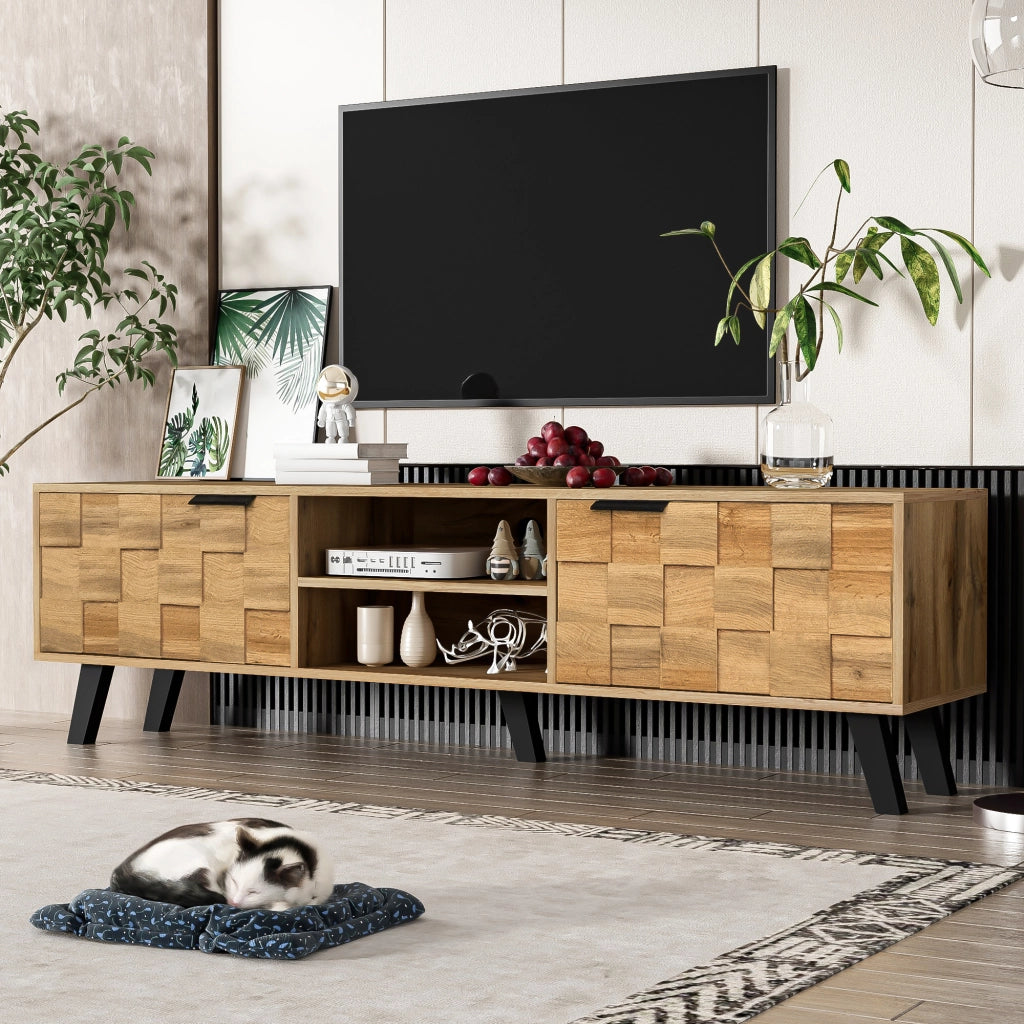 Mobile porta televisore moderno in effetto legno con 2 ante e 2 vani aperti, ampio e funzionale