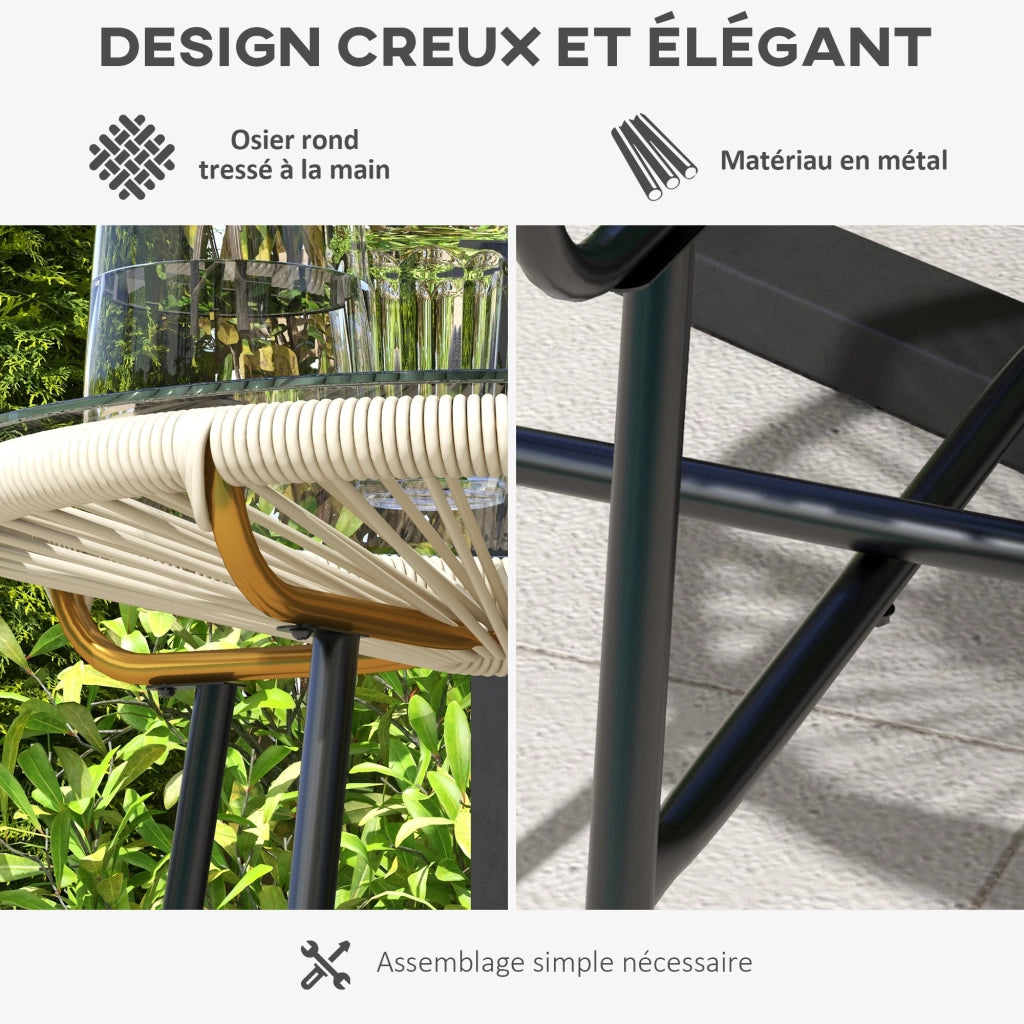 Tavolino da giardino rotondo ¨C zephmum ¨C resina effetto rattan, metallo, piano in vetro temperato, crema, ? 50 x 50 cm