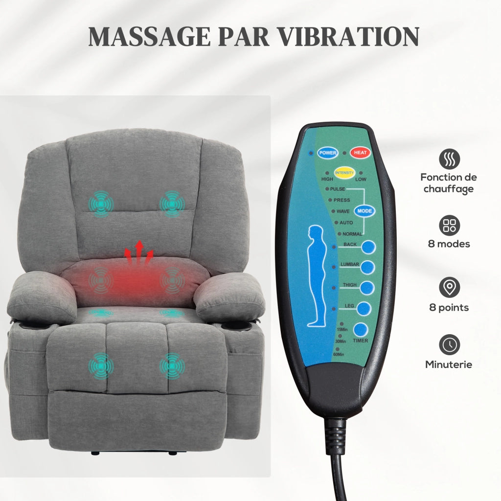 Poltrona relax alzapersona elettrica grigio reclinabile con funzione massaggio e riscaldamento con telecomando per casa