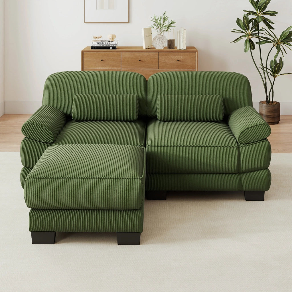 Divano modulare a L con pouf e cuscino lombare; 194 x 161 x 94 cm; verde