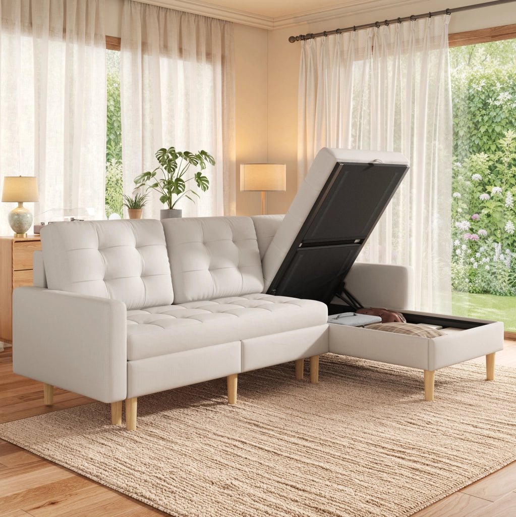 Divano angolare con chaise longue reversibile e contenitori; 212 × 130 × 86 cm; beige