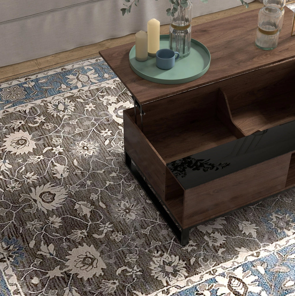 Tavolino da salotto ULEVR 102x58x35,5 cm con piano sollevabile, 2 vani nascosti e ripiano inferiore, noce