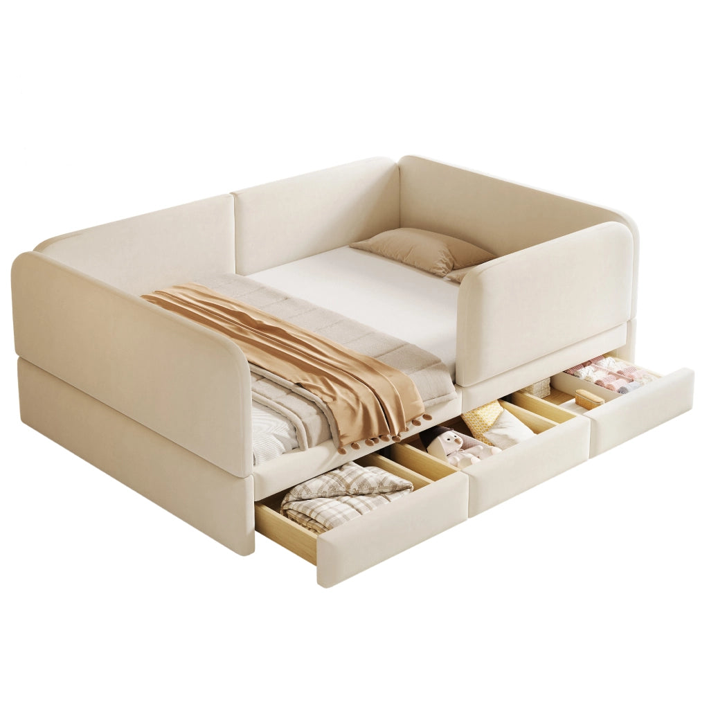 Letto con cassetti 140 × 200 cm imbottito con bordo perimetrale rivestito in velluto beige