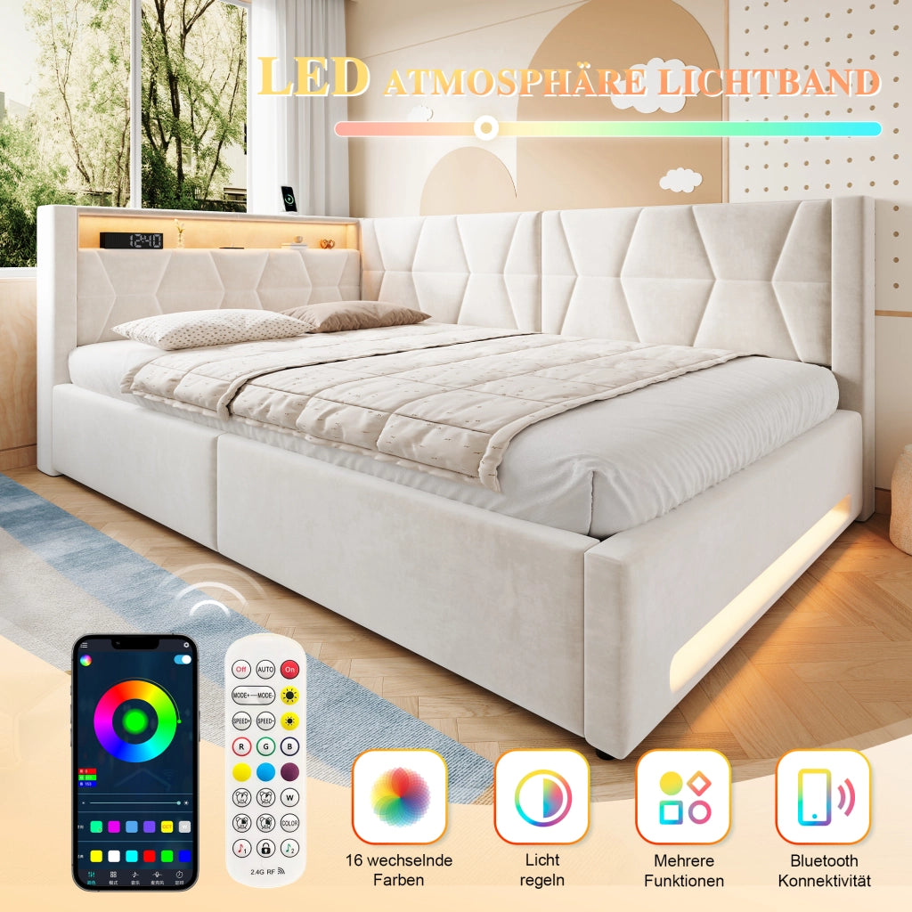 Letto contenitore matrimoniale 140 × 200 cm con vano idraulico, LED, USB e Type-C, senza materasso, beige