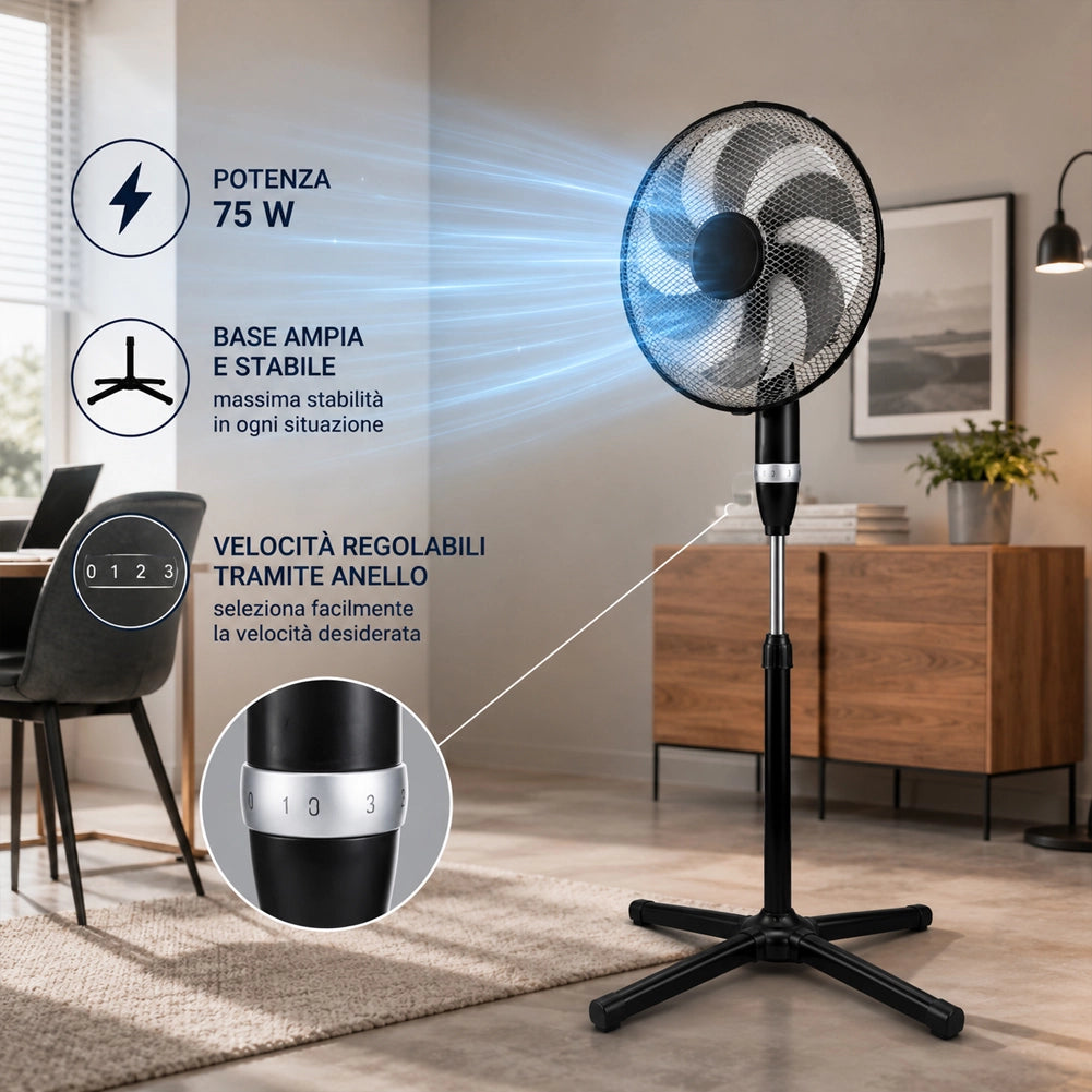 Ventilatore a Piantana 75W con 6 Pale Diametro 40cm e Griglia 45cm 3 Velocità
