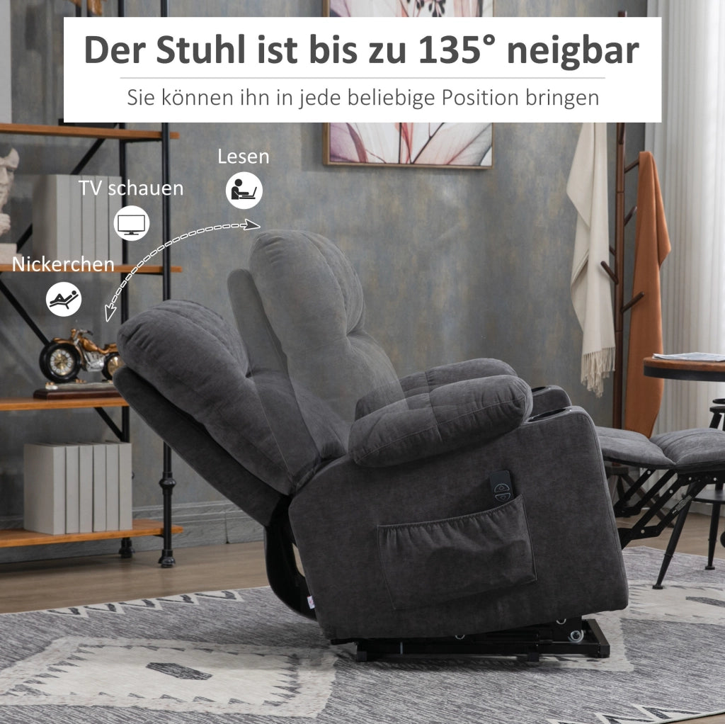 Poltrona Relax Elettrica con Funzione Massaggio e Riscaldamento, Rivestimento in Flanella Grigio Scuro con Sollevamento e Reclining
