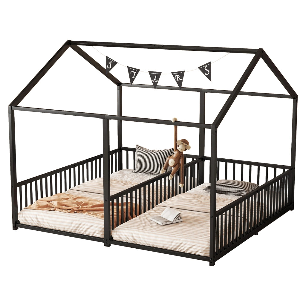 Letto gemellare a casetta in metallo 90x200 cm nero con sponde e scala per due bambini, senza materasso
