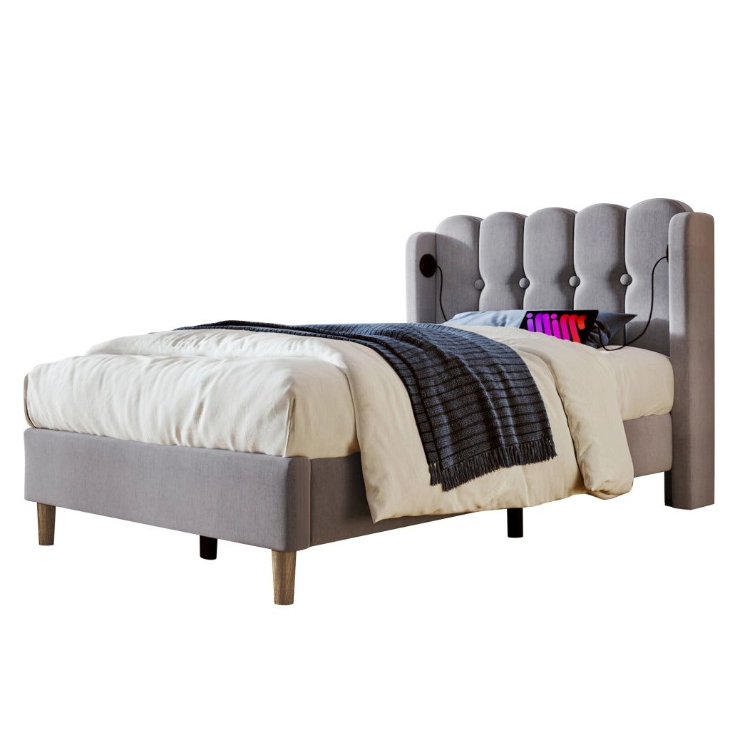 Letto Singolo Imbottito 90x200 cm con USB; USB-C; Grigio