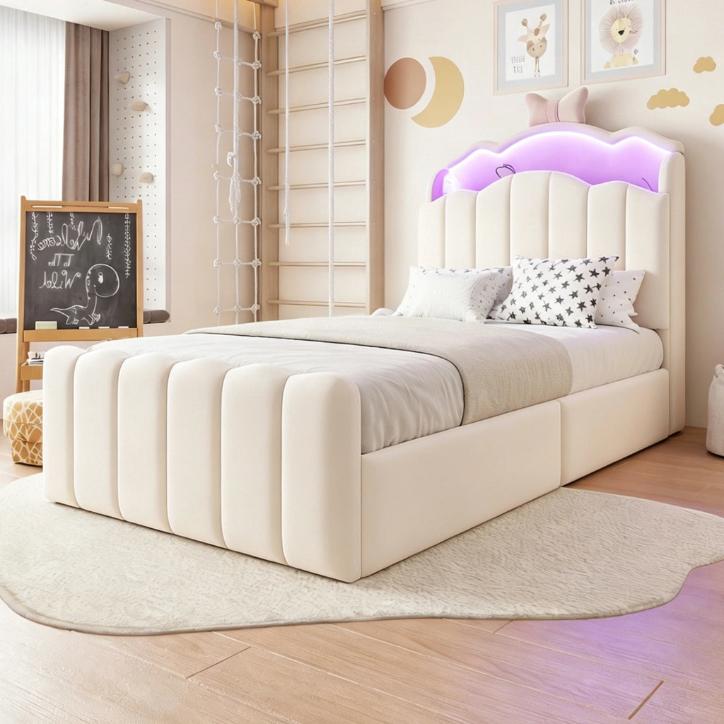 Letto per bambini imbottito 90 × 200 cm con contenitore idraulico testiera LED USB e USB C in velluto beige