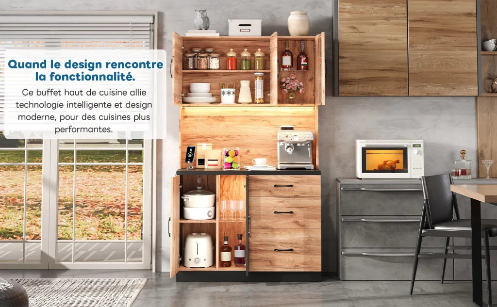 Armadio alto da cucina moderno 105x40x180 cm, nero e effetto legno, con illuminazione LED, ripiani regolabili e presa europea. Per cucina, sala da pranzo, soggiorno