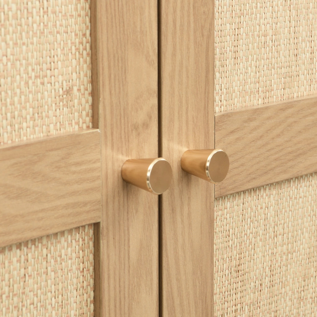 Armadio con 2 ante e 2 cassetti 180 cm in MDF con finitura rovere e rattan beige, design ad arco con appendiabiti e ripiano aperto