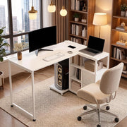 Scrivania angolare reversibile con 2 prese USB-A e USB-C; 3 ripiani e 2 cassetti bianca 80 × 120 × 75 cm